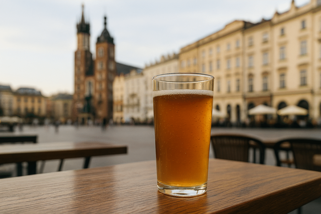 Szklanka kombuchy na tle Rynku Głównego w Krakowie